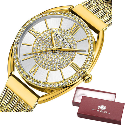 Relógios Mini Focus com pulseira de malha de diamante e pulseira dourada de cor quartzo