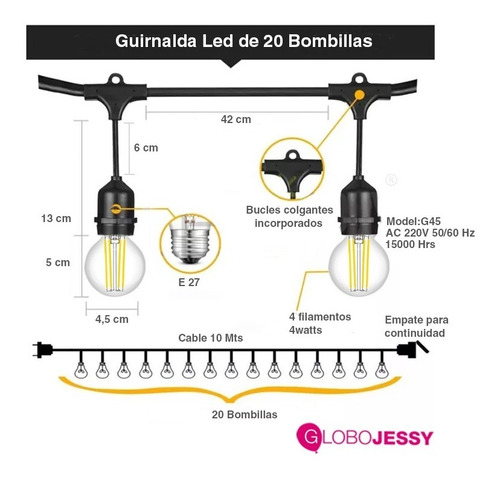 Guirnalda Vulcanizado 10mt + 20 Focos Bombillas Luces Led
