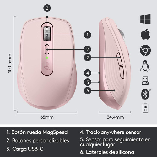 Mouse Logitech Mx Anywhere 3 Inalámbrico Rosa 4000dpi Scroll