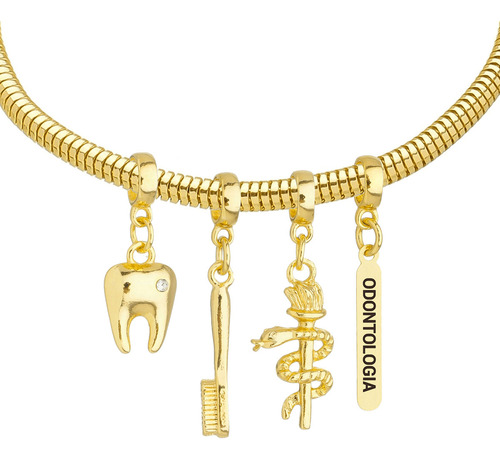 Pulseira Berloques Odontologia Banhada A Ouro 18k Premium Diâmetro 17 Cm
