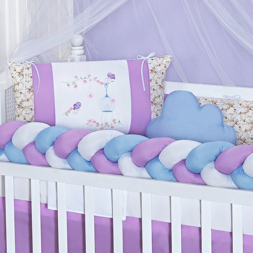 Kit Berço Trançado Ursa Menina Rosa 11 Peças Com Saia Cor Lilás