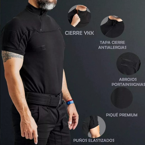 Remera Manga Corta Negra Con Cierre Pique Premium Policia