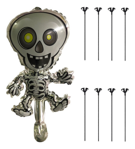 10 Balão Metalizado Esqueleto Halloween Centro Mesa + Vareta