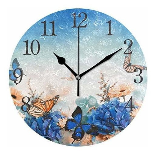 Reloj De Pared Mariposa Flores Azules Reloj Decorativo Hanin