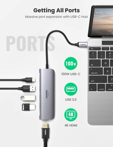 Docking Hub 5 En 1 Usb Tipo C Hdmi 4k Usb 3.0 Pd 100w Ugreen
