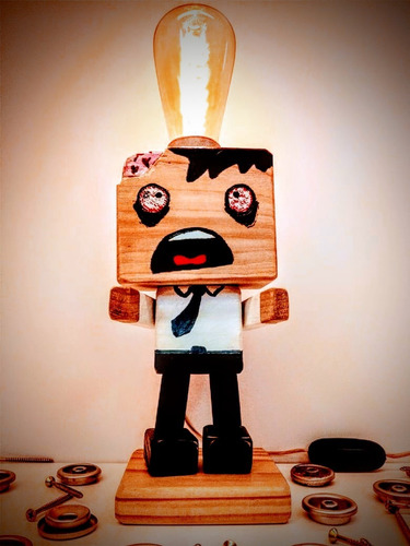 Velador Lampara Robot Madera Únicos. Lamparas On