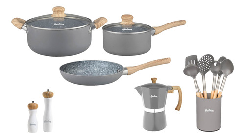 Set Ollas + Utensilios + Molinillo + Cafetera Gris Hudson