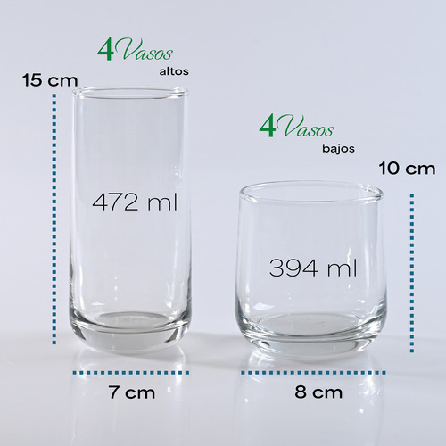 Set 8 Vasos Koba Hermosos Altos Y Cortos Para Agua Refresco