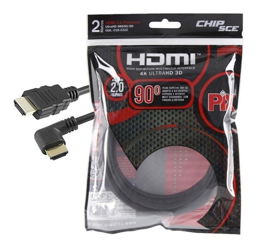 Cabo Hdmi 90 Graus 2 Metros 2.0 3d 4k 19 Pinos Pix  018-3322