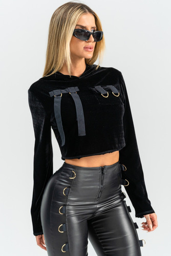 Blusa Cropped  Veludo Killer Preto C/ Capuz Labellamafia