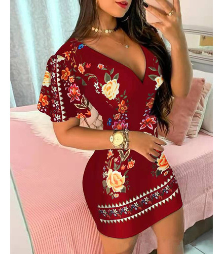 Vestidos Cortos Ajustados Estampado Manga Corta Escote Pico