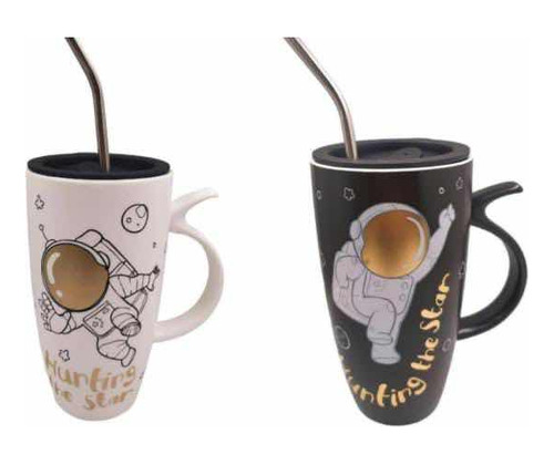 Termo Taza Astronauta Blanco Ceramica Mug Espacio + Pitillo