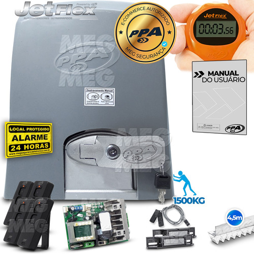 Kit Motor Portão Ppa Dz 1500 Kg Ind Jetflex 4,5m 4 Controles