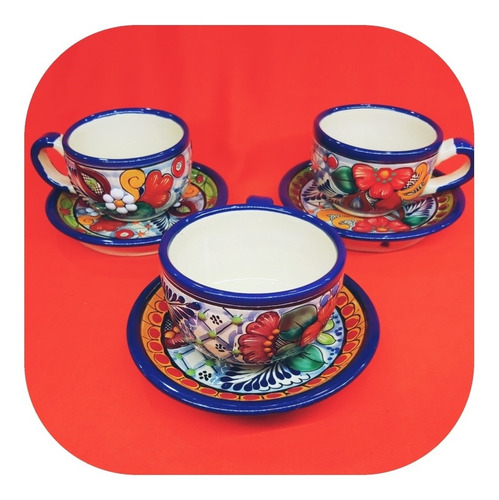 Set 3 Taza Y Plato (terno) Color De Talavera Poblana Tz Cr 