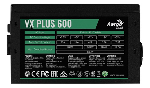 Fuente De Poder Aerocool Vx-600 Plus 600w Reales Fan 120mm