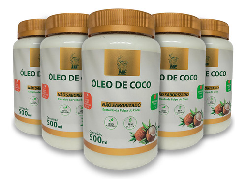 5x Oleo De Coco 500ml Orgânico Sem Sabor Hf Suplements