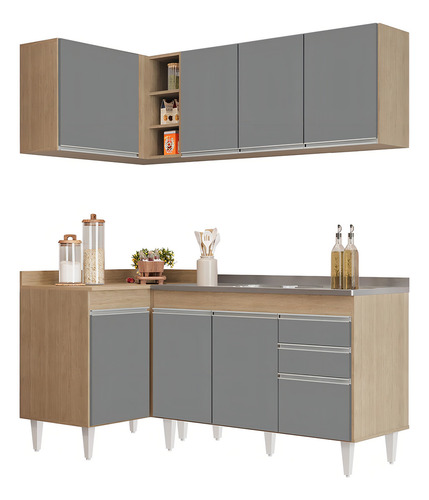 Armário Cozinha De Canto Dir 4 Pçs Cp39 com Pia Inox Cor Marrom Amarelado