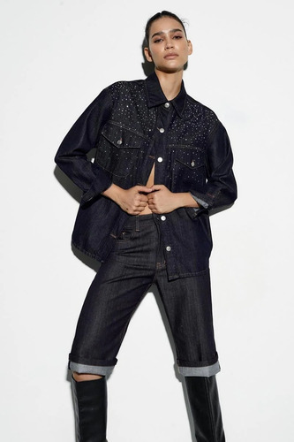 Campera De Jean Oscuro Con Brillos De Mujer Tendencia