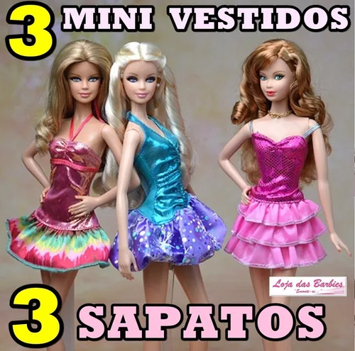 Kit 3 Mini Vestidos Boneca Barbie + 3 Sapatos + 3 Acessórios