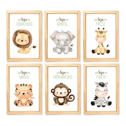 Quadros Decorativos 6 Pç Quarto De Bebe Safari Menino Menina