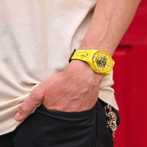 Reloj Swatch Time With Andy Anderson So29j101 Agente Malla Amarillo Bisel Amarillo Fondo Amarillo