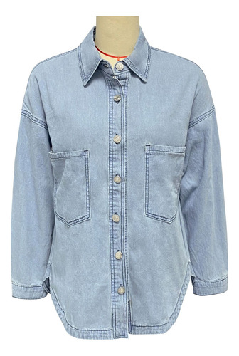 Blusa Casual De Mezclilla De Manga Larga Con Cuello En V