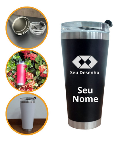 Copo Térmico Personalizado Nome Logo C/ Tampa Vedação 600ml Cor Preto Liso