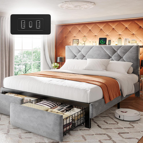 Base De Cama King Size Cajones Luz Led Gris Enhomme