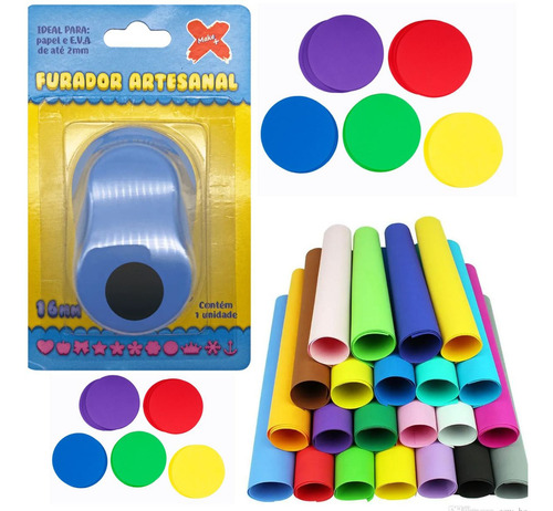 Kit 1 Furador De Eva 16mm Circulo + 10 Eva Liso Colorido Cor Azul