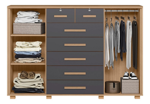 Cómoda de dormitorio Sap, 160 cm, 2 unidades, 7 unidades, Gav Fontaine, color natural/titanio, color marrón