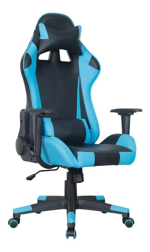 Silla de escritorio Helitec 5723 gamer ergonómica  negra y celeste con tapizado de cuero sintético