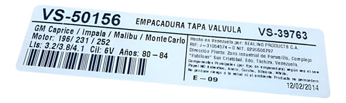 Empacadura Tapa Valvula Chevrolet Malibu V6 231 252 80-85