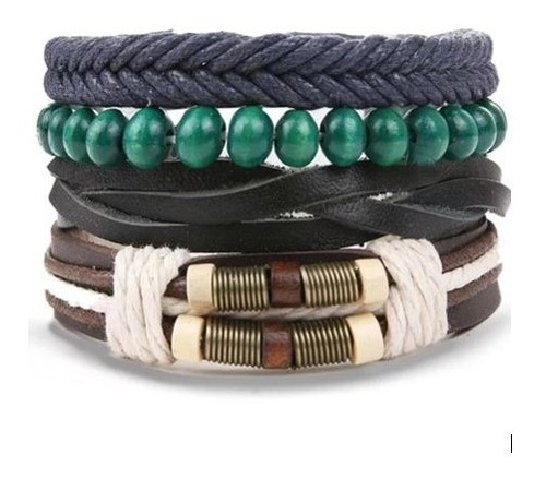 Conjunto De 4 Pulseras Cuero Y Cuentas De Madera