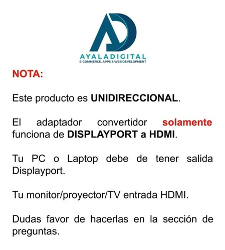 Imagen 2 de 7 de Convertidor Adaptador Displayport Macho A Hdmi Hembra 4k 2k