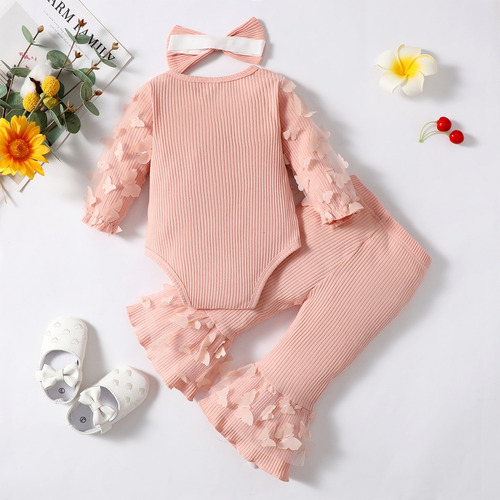 3pcs Conjunto Tierno Bebé Con Mariposas Pantalón Acampanado Rosa 3-6 M