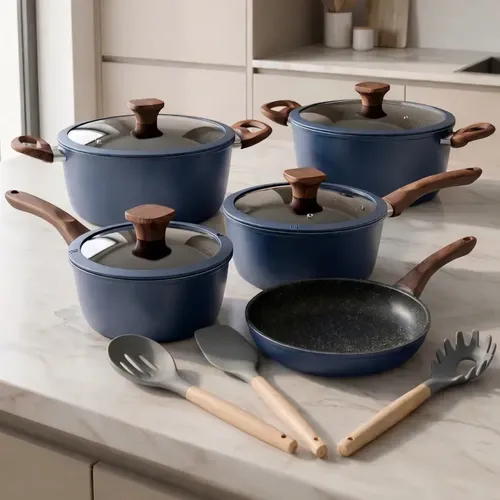 Jogo De Panelas Cerâmica 4mm Antiaderente Indução Gás 8 Peças Sólar  Azul Preto