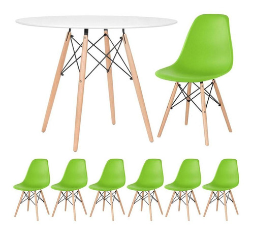 Kit Mesa Jantar Eames Wood 100 Cm 6 Cadeiras Eifel Cores Cor Mesa branco com cadeiras verde claro