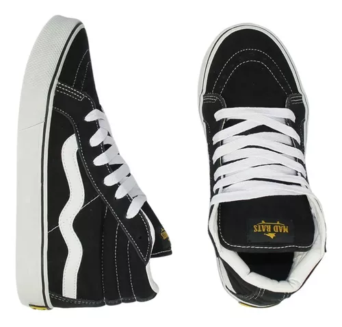 Tênis Cano Alto Mad Rats Skate Hi Top Preto Branco