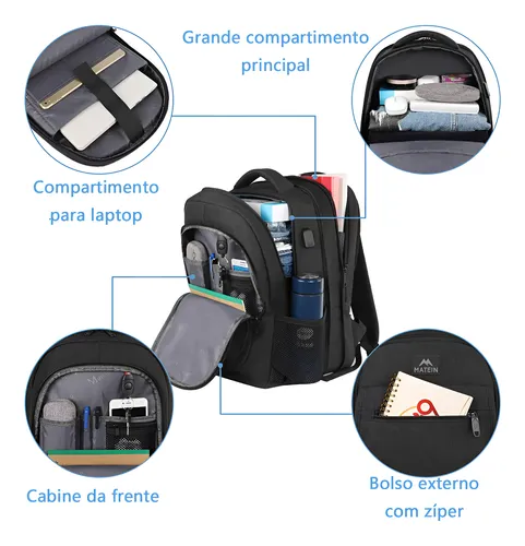 Mochila Masculina Notebook 15,6 Polegadas Impermeável Antifurto Reforçada Grande Capacidade 36,8L Expansível, Mochila Viagem Escolar Trabalho, Matein 1364 Cor Preta