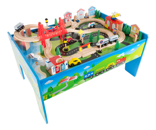 Juego De Mesa De Tren De Madera Para Niños Deluxe Pintado