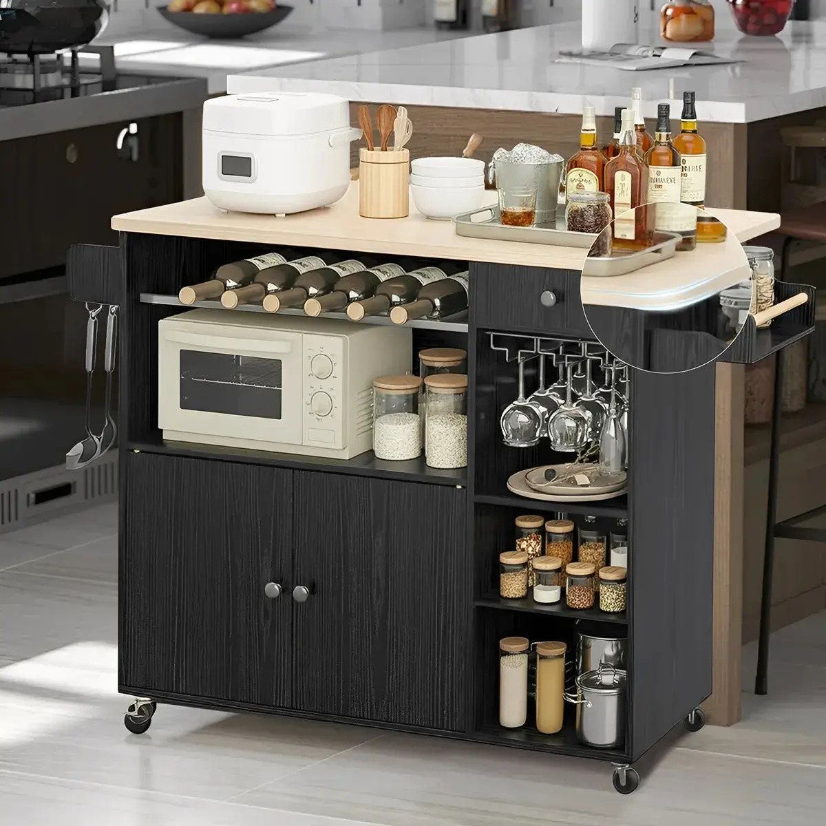 Quorive Barras Para Cocina Integral Extensible, Desayunador, Carrito De Almacenamiento Con Cajones (negro)