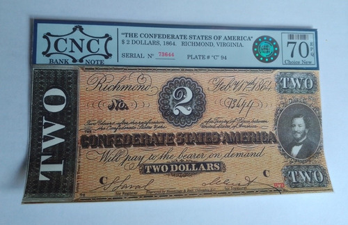 Documento Facsímil Estados Confederados De América 2 Dolares