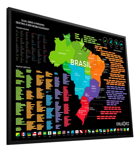 Mapa Do Brasil De Raspar | Unlocked |com Moldura | 100x66 Cm