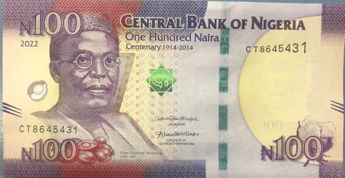 Billete Nigeria 100 Naira Año 2022 Centenario Sin Circular