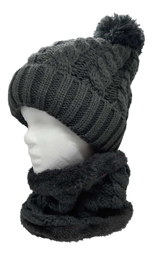 Gorro Lana Pompon + Cuello Tejido Invierno Con Corderito