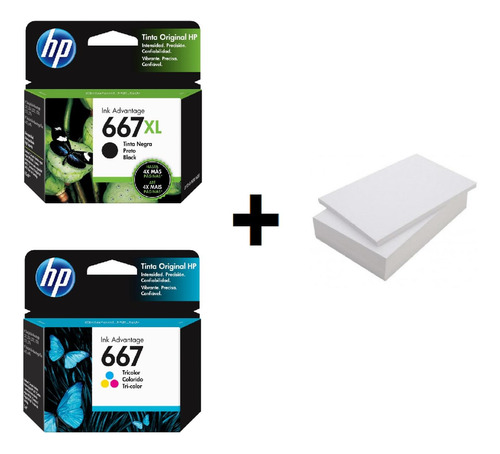 Kit De Cartuchos Hp 667xl Negro + 667 Tricolor + Resma