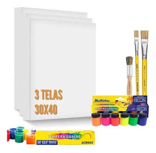 Presenteie seus filhos com nossos Kits de Telas de Pintura, completos com tinta  guache, pincel e manual de mistura de cores. Estimule a criatividade e  coordenação motora das crianças de maneira divertida