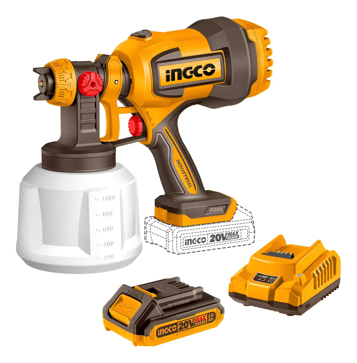 Pistola Para Pintar Inalambrica Ingco 20v 800ml Csgli20042 Naranja
