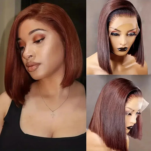 Rojo Vino, 32 Pulgadas, Peluca Corta Tipo Bob Con Encaje En