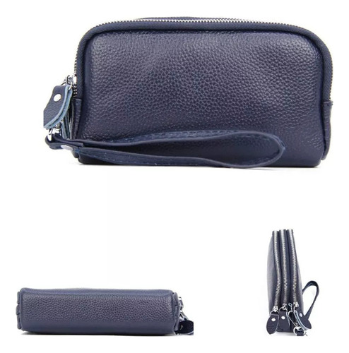 Cartera Larga De Piel Auténtica De 3 Capas Con Cierre